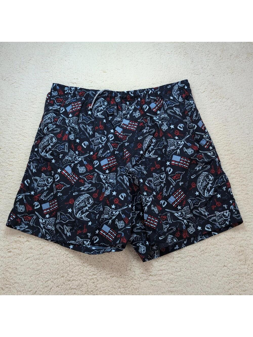 Columbia PFG Men’s Swim Trunks XL Blue Fishing Print Nylon Quick Dry Shorts